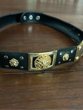 Black Leather Belt with Gold Medallion Details